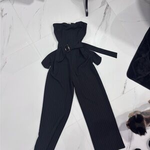 Monteau Black Pinstripe Strapless Jumpsuit
